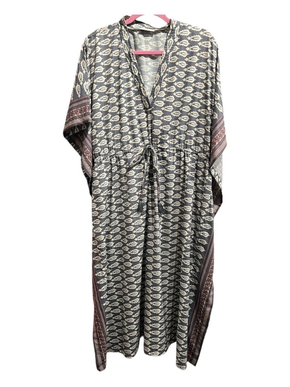 Patterned Boho Kaftan Dress in Grey and Cream OS